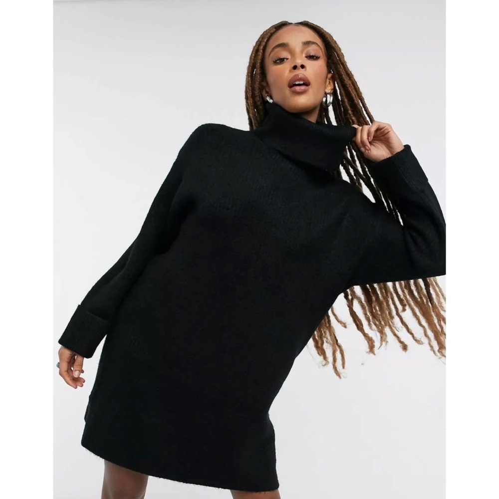 New Topshop Funnel Neck Black Knitted Mini Dress Women’s Size 0-2